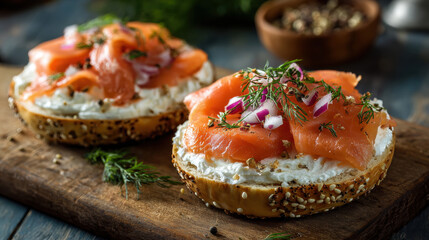 Bagel with cream cheese and smoked salmon, styled breakfast food photo