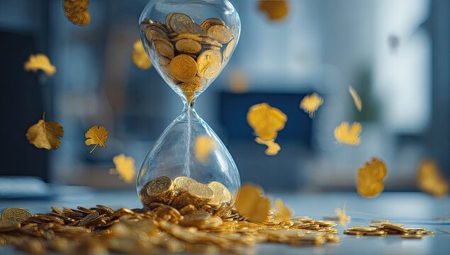 Hourglass filled with coins, representing financial flow & time, with falling golden leaves