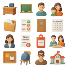 School Office Icons. School office visit set of icons in 3D color style: principal&rsquo;s desk, chalkboard, student avatar, parent and child icon, homework