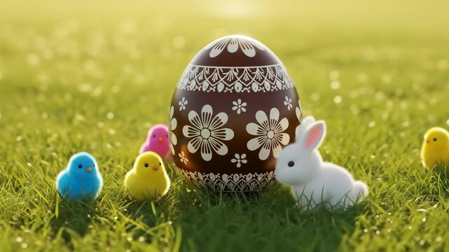 Decorative easter egg with a small rabbit and colorful chicks sitting on green grass during springtime, holiday theme footage.