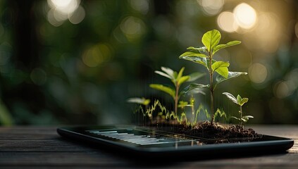 Digital tablet displaying growth chart overlaid on tiny plants rooted in soil on wooden surface