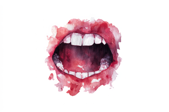 Watercolor illustration of an open mouth with teeth expressive and artistic isolated on a white background
