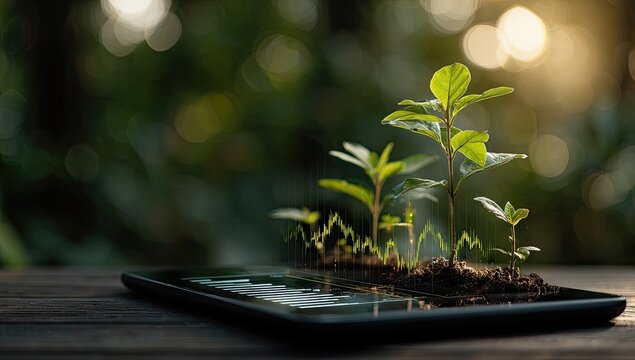 Digital tablet displaying growth chart overlaid on tiny plants rooted in soil on wooden surface