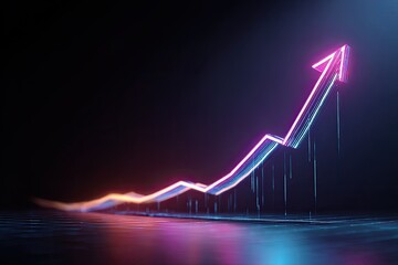 Lit neon arrow pointing up, representing growth, financial progress and success on a dark background