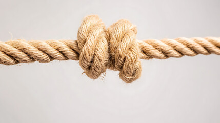 Knot in rope. Close-up shot of a thick fiber rope with a complex knot tied in the middle. The rope is stretched taut against a neutral background.