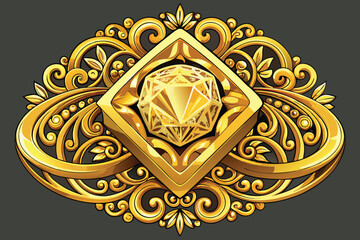 Ornate gold filigree emblem with a faceted diamond or crystal in the center on a dark gray background
