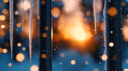 Icicles hanging from a window frame at sunset, with soft bokeh lights and falling snow in the background