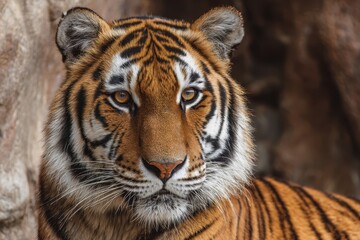 Fototapeta premium Vibrant Tiger Face Against a Textured Grunge Backdrop: A Wild Spirit of Nature