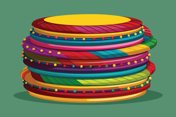 Stack of colorful decorative bangles with festive lights and a green background bracelet