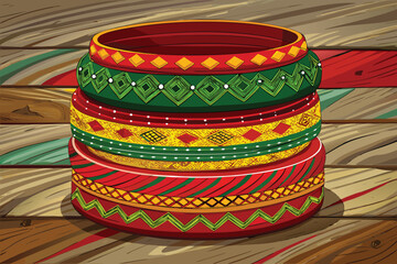 Stack of colorful ethnic bangles with geometric patterns on wooden planks bracelets jewelry