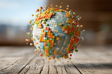 3D digital earth model, built of colored blocks, floats on a wooden surface