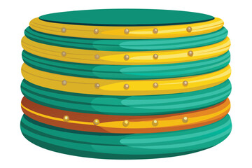 Stack of teal and yellow bangles with gold bead accents on a white background bracelet
