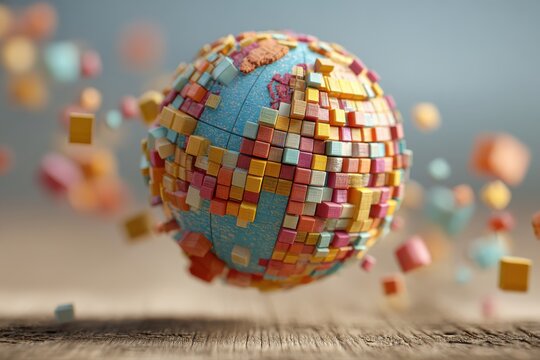 A vibrant, geometric depiction of Earth composed of colorful, scattered blocks on a wooden surface