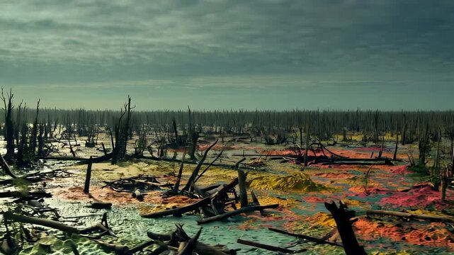 soil is polluted with colorful chemical waste and trees have withered, lifeless land. destroyed landscape with charred trees and burnt land. environmental damage, destruction caused by human activity