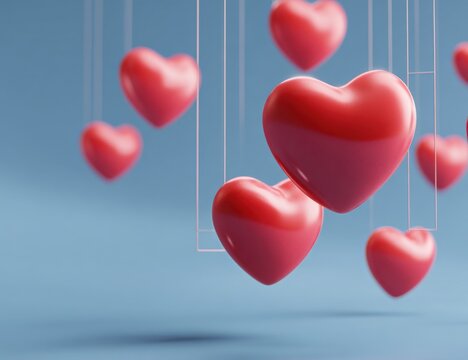 Rendered scene with glossy red hearts suspended in mid-air against a pastel-blue backdrop - Powered by Adobe