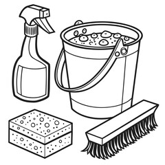 Cleaning supplies arranged neatly including a spray bottle bucket sponge and brush in a black and white line art illustration