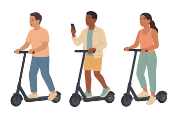 Group of people riding black electric scooters, modern urban mobility