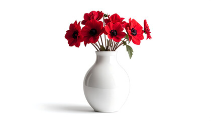 Fototapeta premium White ceramic vase holding vibrant red dahlia bouquet with green leaves, set against plain white background in symmetrical arrangement.