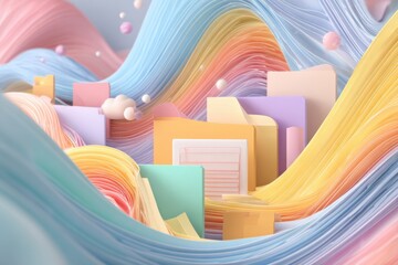 3D pastel illustration of geometric shapes, wavy lines, folders, and floating spheres