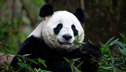 Fototapeta premium A close-up of a giant panda peacefully munching on bamboo leaves in a natural habitat setting. The panda's black and white fur is detailed