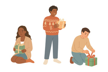 People exchanging and wrapping gifts, festive holiday season concept