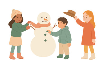 Children decorating a snowman, winter activities and holiday fun