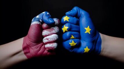 Two painted fists collide, symbolizing USA and EU relations, vibrant colors highlight geopolitical themes, international diplomacy concept