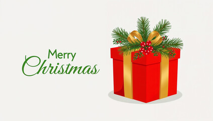 Red gift box, green pine branch, candy and mistletoe berries. Merry Christmas web banner. Horizontal Christmas poster. Christmas and New Year background