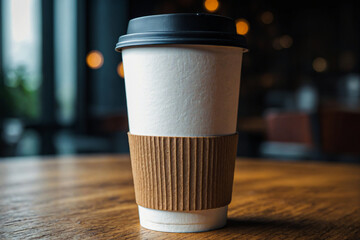Paper coffee cup, cup of coffee, coffee cup mockup. There's a blurry cafe in the background. Food delivery concept
