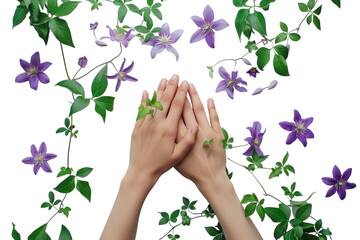 Delicate hands surrounded by vibrant purple flowers and lush green vines on a soft white background