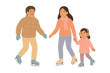Family ice skating together, winter fun and outdoor activities
