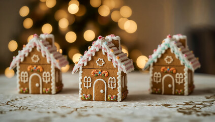 Close-up of intricately decorated gingerbread houses with vibrant icing on blurred backdrop. Delicious sweets or dessert. Christmas and New Year background