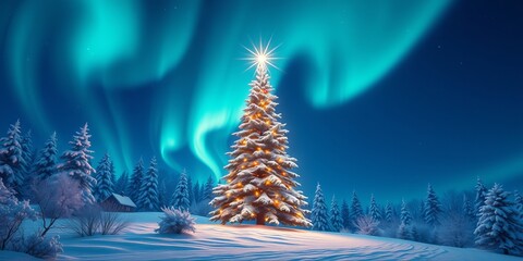 A luminous Christmas tree shines brightly under the captivating aurora borealis, creating a magical holiday scene in the serene winter landscape at night.