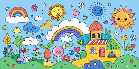 Naklejka premium Vector seamless Easter pattern with cartoon rabbits, eggs, flowers, and spring nature landscape illustration