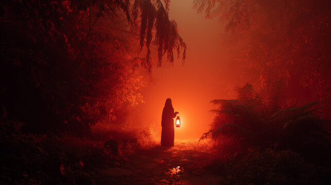 Mysterious figure holding a lantern in a foggy red and orange forest