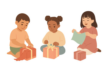 Children wrapping gifts together, holiday fun and festive activities