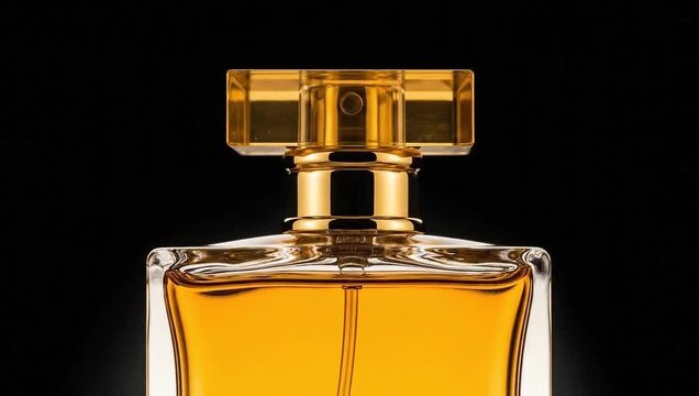 Close up shot of a perfume bottle with golden cap and liquid on a black studio backdrop view shot