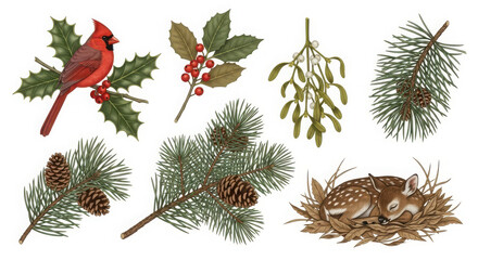 Christmas natural elements including cardinal pine mistletoe and deer