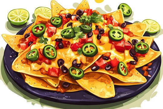 X-treme cheesy nachos clip art with gooey cheese, jalapeños, and colorful toppings in playful layout 
