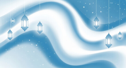 Abstract blue white swirl background with hanging lanterns and glittering stars