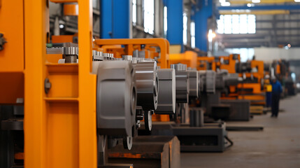 Fototapeta premium Industrial machinery: Heavy metal parts and orange framework in a manufacturing facility, featuring depth of field and blurred background with a worker.