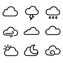 Fototapeta premium set of outline icons clouds vector on a white background set of 9 line icons, vector, on a white background
