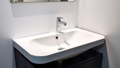 Fototapeta premium Sleek, minimalist bathroom sink with chrome faucet, elegant, home