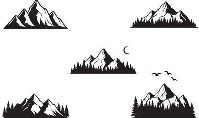 Obraz premium Mountain Silhouette Vector Set with Pine Trees and Snowy Peaks – Nature and Wilderness
