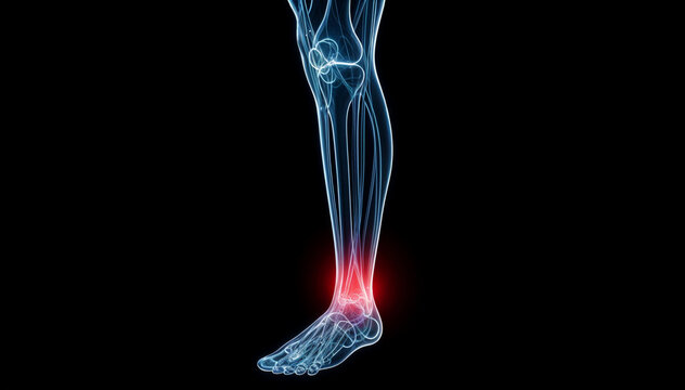 3D X-Ray Illustration of Human Leg and Ankle Injury with Pain Highlight