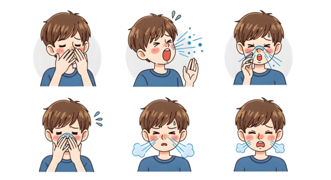 Boy Experiencing Cold and Allergy Symptoms child sick