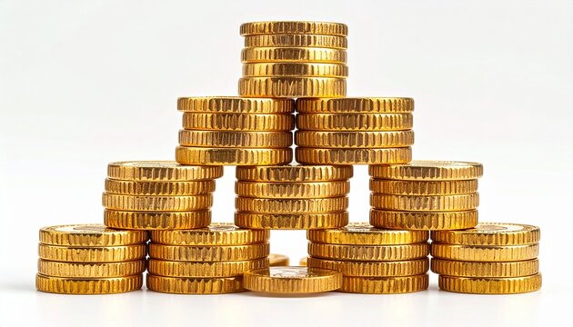 Stacked golden coins forming a pyramid structure on white background