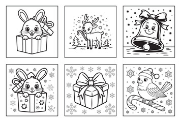 Obraz premium Christmas Adorable Bunny Popping Out of Gift Box Vector Illustration: Charming Black and White Outline for Kids, Coloring Books, and Creative Projects with Festive Holiday Cheer