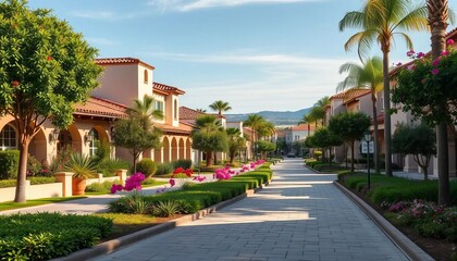 Obraz premium Charming Costa Mesa streetscape, lush landscaping, Spanish architecture, window, flower
