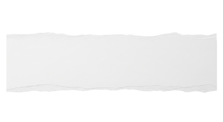 A horizontal strip of white torn paper with rough uneven edges, realistic fiber texture, minimal shadow, isolated on neutral background, modern stationery style